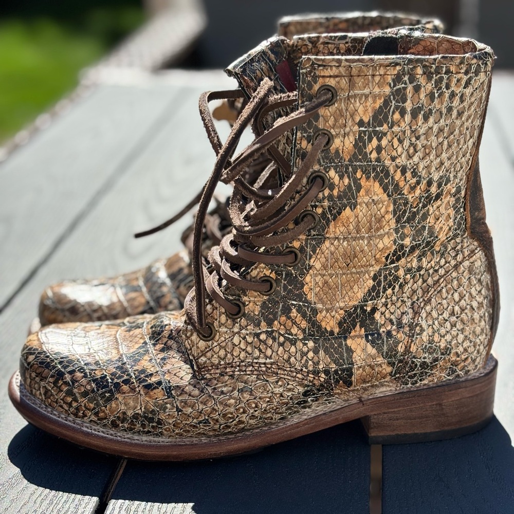 Freebird by Steven Snakeskin Combat Boots - Brown and Beige Manchester Size 7